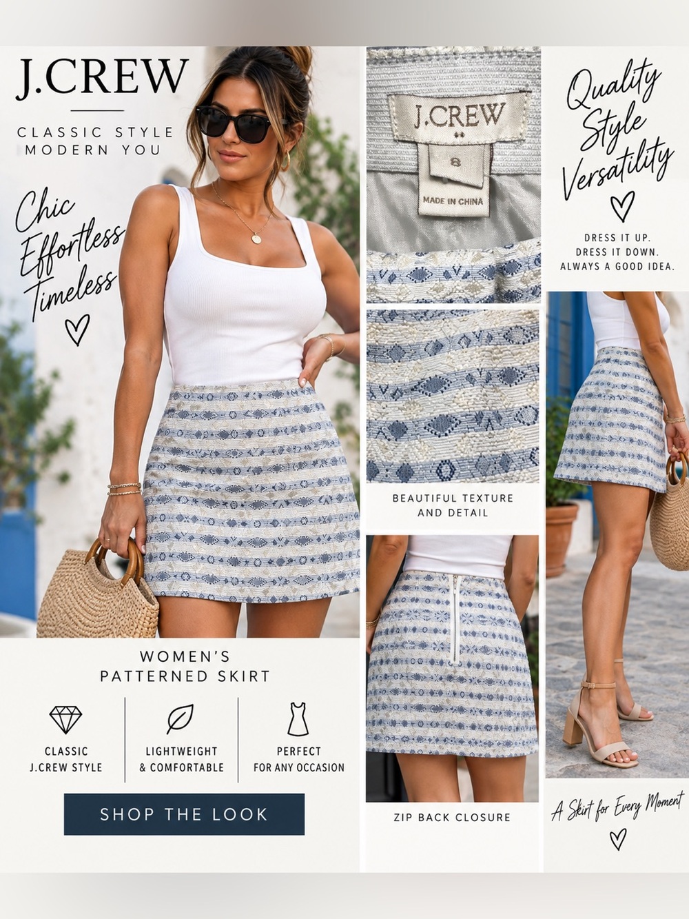 J.Crew Women's Blue and White Patterned A-Line Skirt size 8